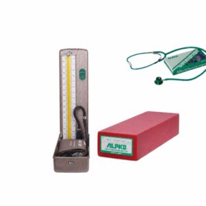 Blood pressure monitor kit: cuff with gauge, stethoscope, and a red rectangular case/box for storage.
